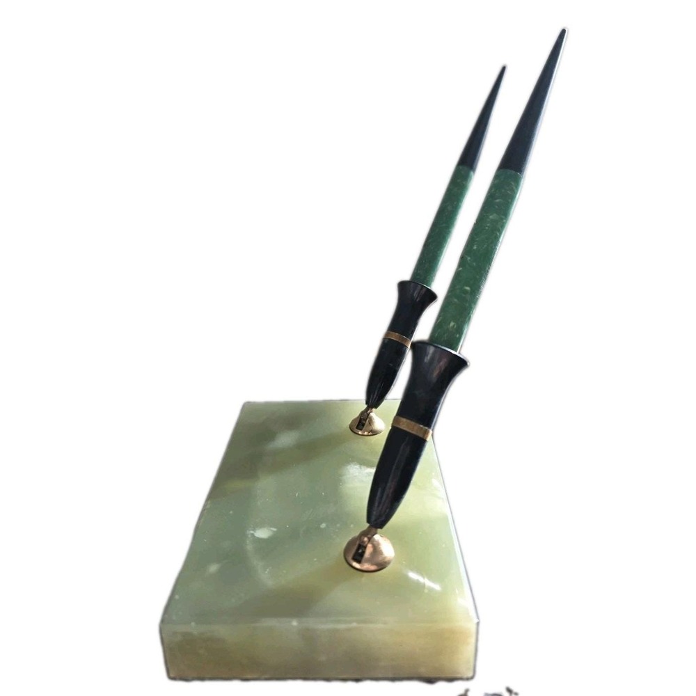 Vintage Sheaffer 505 Desk Fountain Pen Set Green Onyx Marble Base 14K Gold Nibs